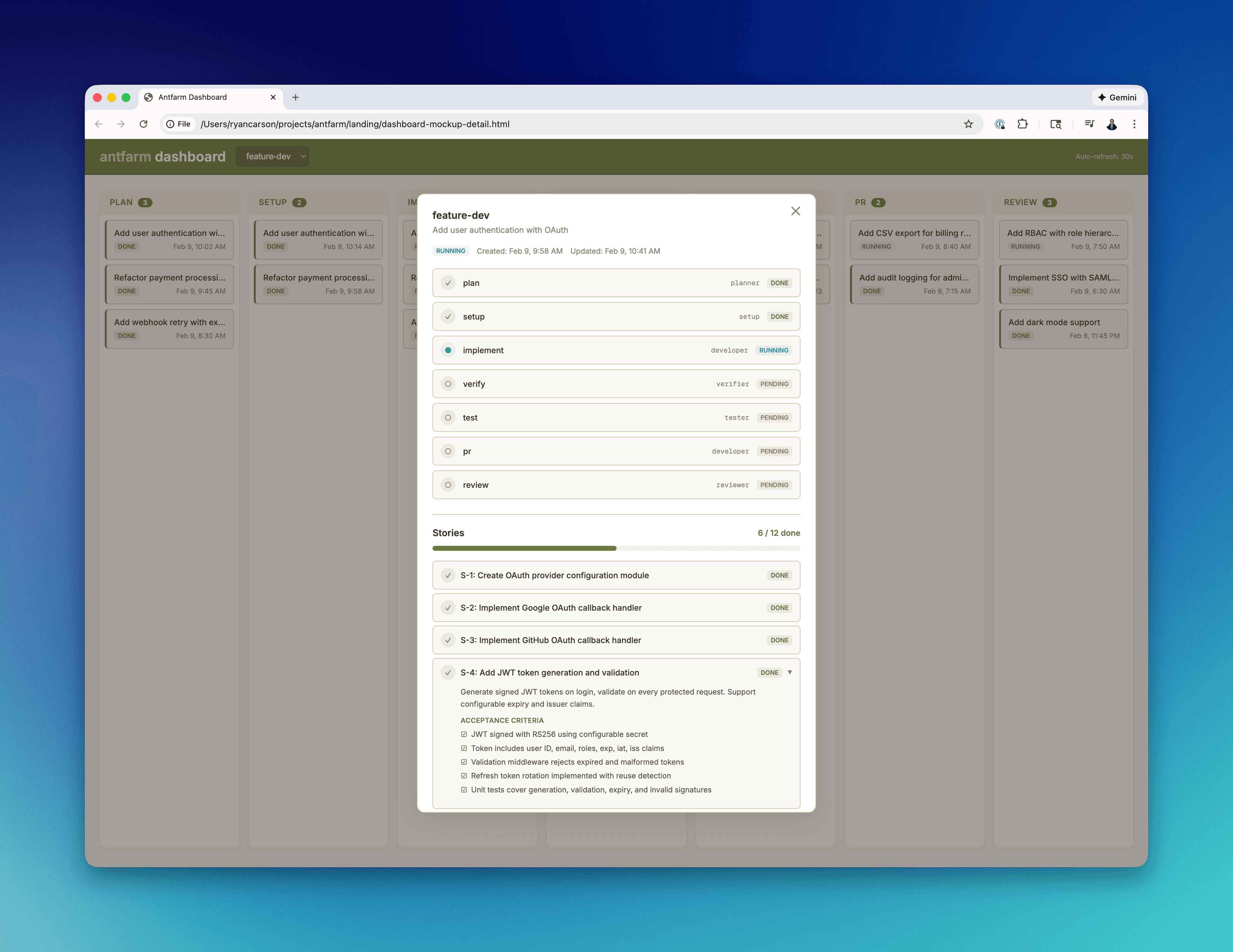 Antfarm dashboard detail view showing step progress and agent output