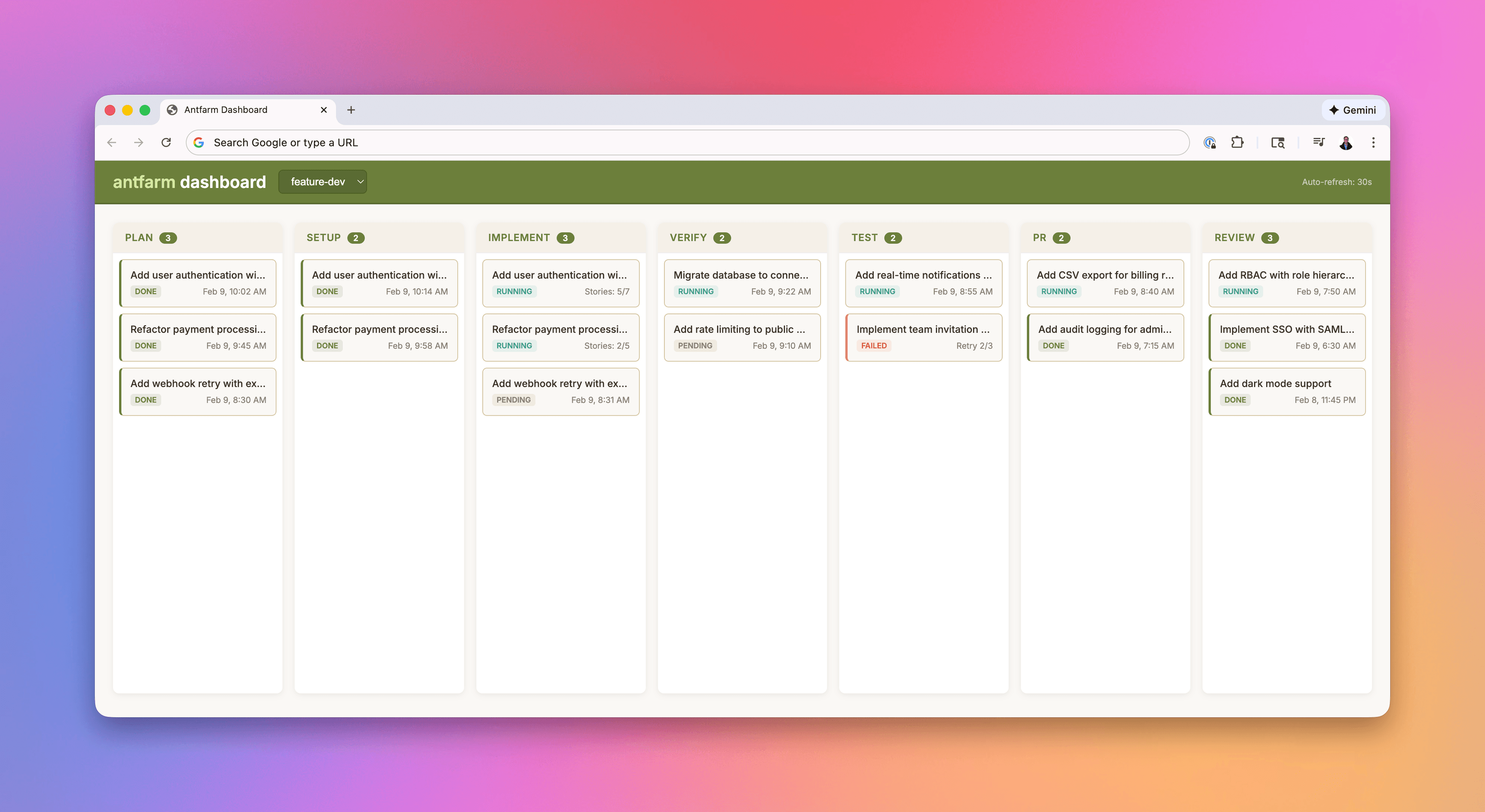 Antfarm dashboard showing workflow runs and agent status